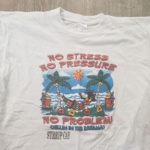 Vintage Y2K Stirrup Cay Bahamas No Stress Short Sleeve T Shirt White Size XL - Picture 2 of 9